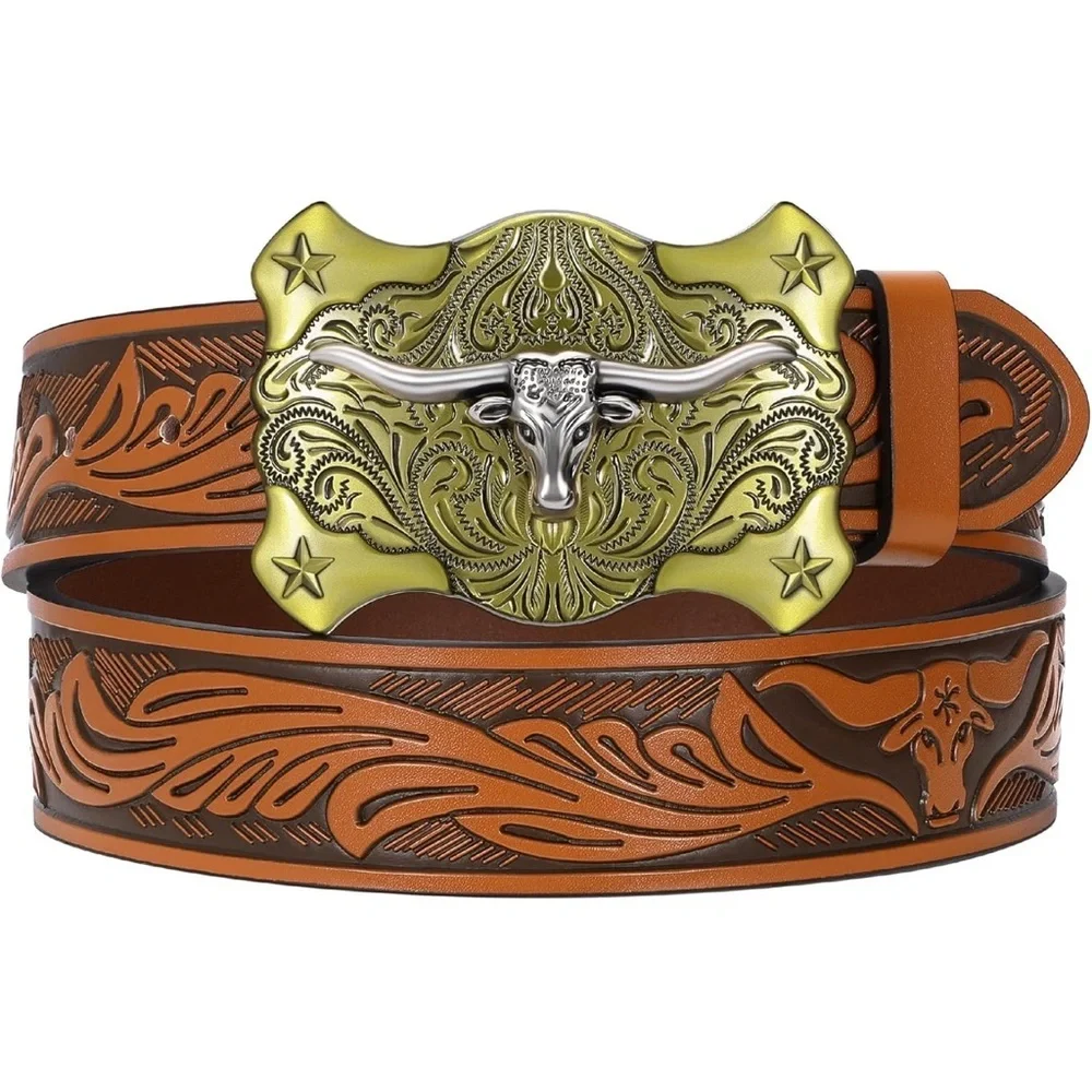 Western Tooled Leather Belt with Longhorn Buckle - Tan & Brass